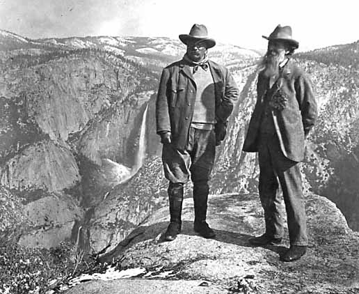 Photo 1. Theodore Roosevelt and John Muir on Glacier Point, Yosemite Valley, California—approx. 1906. Retrieved from the historic photos collection of the National Park Service Catalog Number: HPC-001830, Other NPS Image Numbers: USZ62-8672.