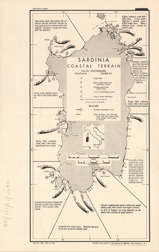 Image 1. Research and Analysis Branch. Sardinia: Costal Terrain. Scale 1:1,300.000. Washington, D.C. Office of Strategic Services, 1942.