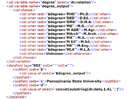 XSLT Coding for Mapping Degree Type in MARC 502 Field