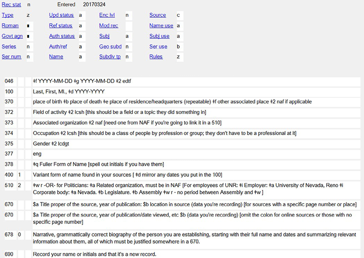 Figure 2. Name Authority Control Date Template Created by UNR Catalogers