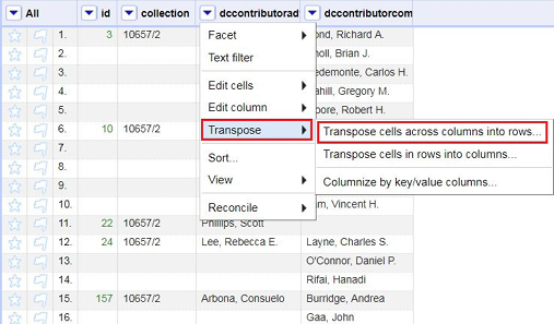 “Transpose cells across columns into rows” command
