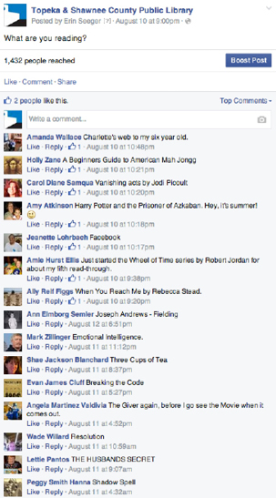 Figure 3.2. Topeka’s Facebook Post asking “What are you reading?”