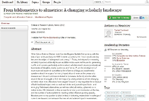 Figure 2.4. Mendeley readership metrics for one article, including number of readers, discipline, academic status, and country.
