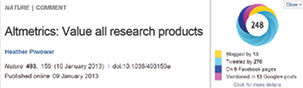Figure 2.5. The Altmetric bookmarklet donut shows the summary altmetrics data for this Nature journal article.
